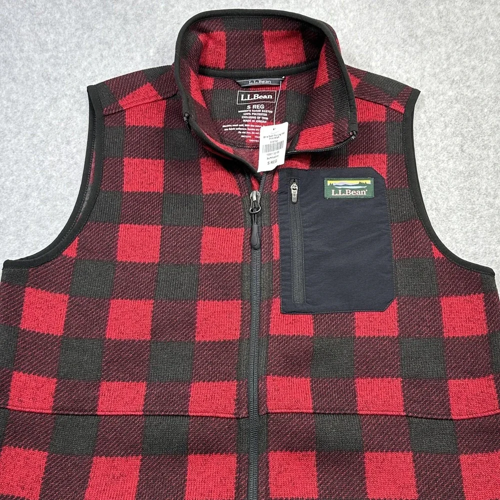 LL Bean Sweater Fleece Long Vest Womens Small Red Buffalo Plaid Full Zip Pockets